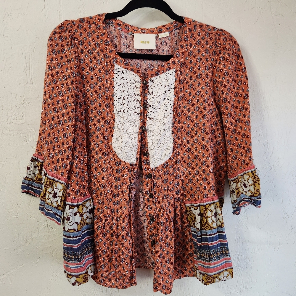 Maeve for Anthropologie orange and blue patterned peplum top white lace P2p 18